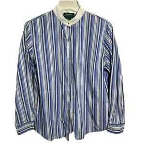 Lauren by Ralph Lauren Women Blue Stripe Long Sleeve Band Collar Shirt Size 10‎